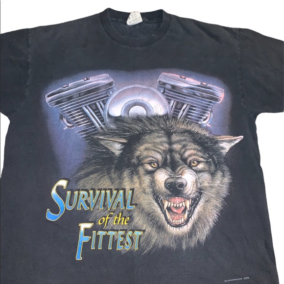 Vintage 90s Survival of the Fittest Biker Wolf Single Stitch Shirt CMJ - Picture 2 of 6